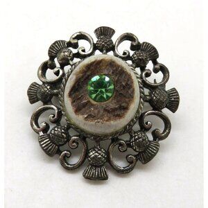 Vintage Deer Antler Brooch Green Gem Silver Tone 1.5" Ornate Metalwork